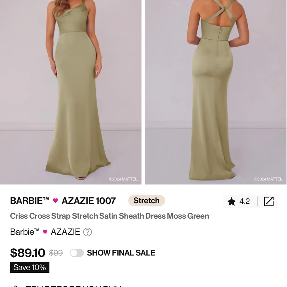 Azazie x Barbie Satin stretch Cowl Neck Dress in Moss green